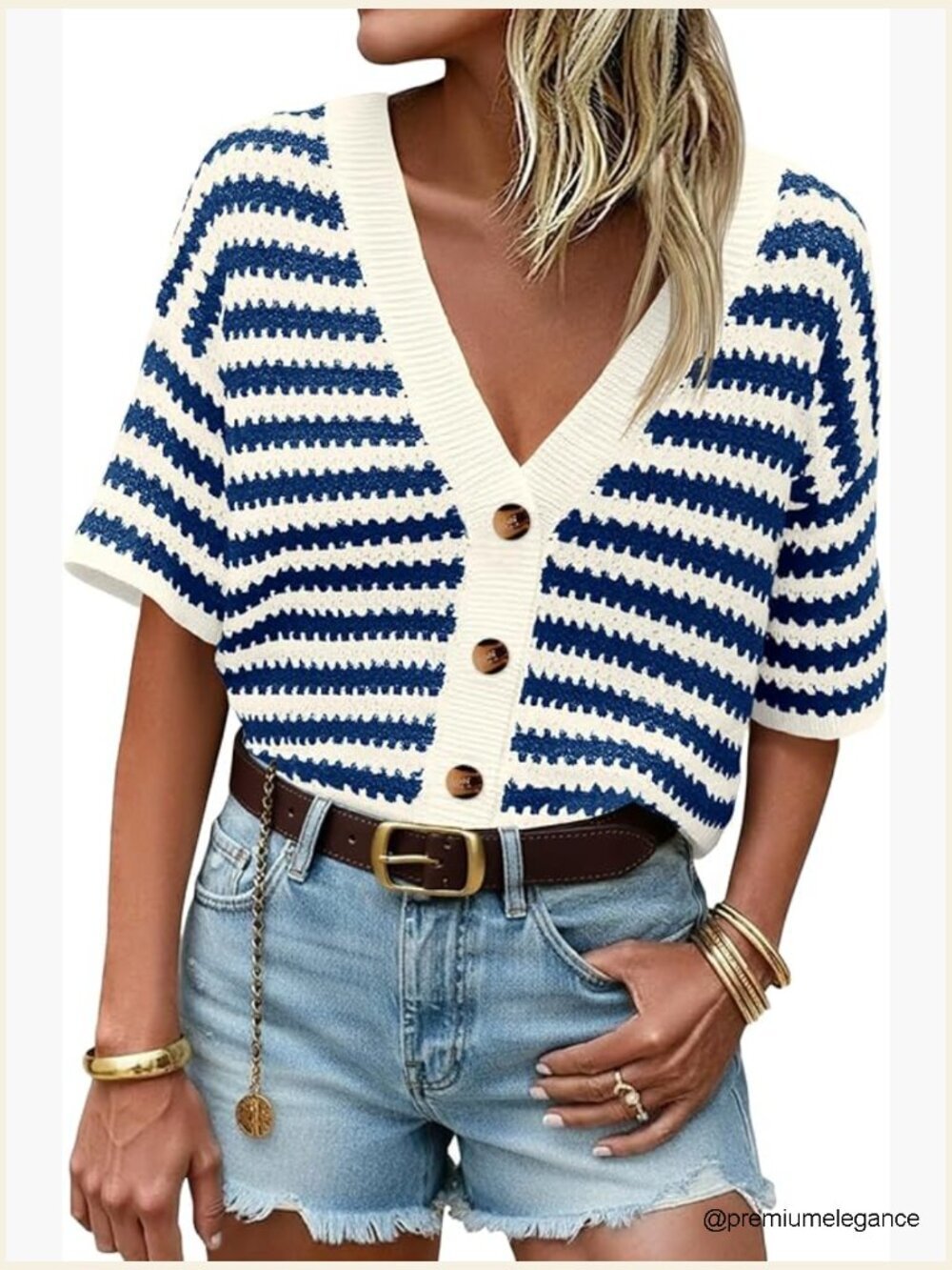 Crochet Knit Striped Button Down Cardigan Short Sleeve V Neck Summer Top